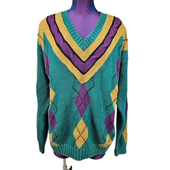 Vintage Body Equip Teal & Purple Argyle V-Neck Cricket Sweater Size XL Men's‎ - Picture 8 of 9